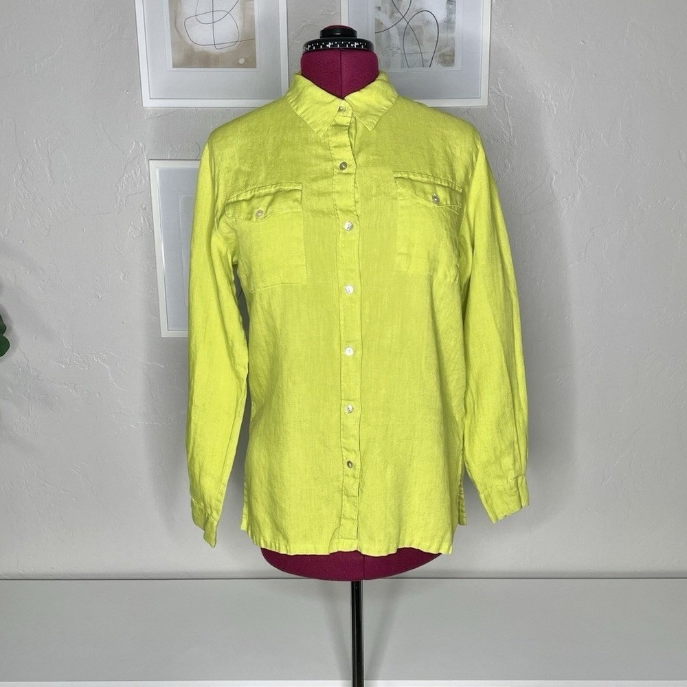 Chico's Lino Button Down Shirt Womens 1 Lime Green 100% Linen Long Sleeve Pocket